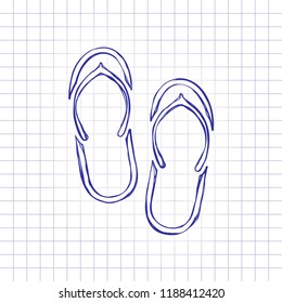 Beach slippers. Flip flops icon. Hand drawn picture on paper sheet. Blue ink, outline sketch style. Doodle on checkered background