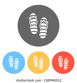 Beach slippers. Flip flops icon. Set of white icons on colored circles