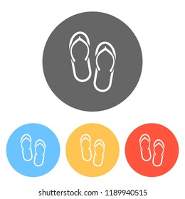 Beach slippers. Flip flops icon. Set of white icons on colored circles