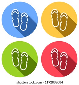 Beach slippers. Flip flops icon. Set of white icons with long shadow on blue, orange, green and red colored circles. Sticker style