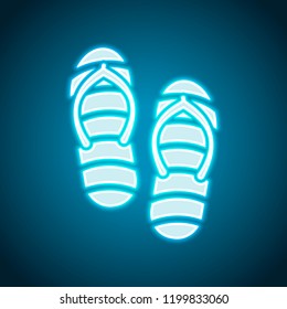 Beach slippers. Flip flops icon. Neon style. Light decoration icon. Bright electric symbol