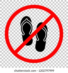 Beach slippers. Flip flops icon. Not allowed, black object in red warning sign with transparent background