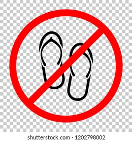 Beach slippers. Flip flops icon. Not allowed, black object in red warning sign with transparent background