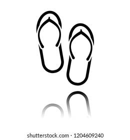 Beach slippers. Flip flops icon. Black icon with mirror reflection on white background