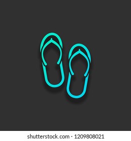 Beach slippers. Flip flops icon. Colorful logo concept with soft shadow on dark background. Icon color of azure ocean