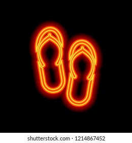 Beach slippers. Flip flops icon. Orange neon style on black background. Light icon