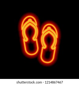Beach slippers. Flip flops icon. Orange neon style on black background. Light icon