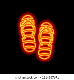 Beach slippers. Flip flops icon. Orange neon style on black background. Light icon
