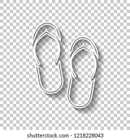 Beach slippers. Flip flops icon. White outline sign with shadow on transparent background