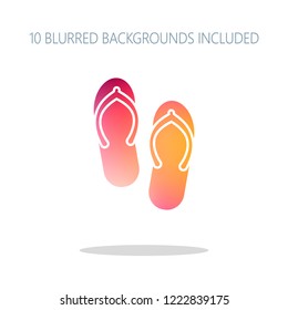 Beach slippers. Flip flops icon. Colorful logo concept with simple shadow on white. 10 different blurred backgrounds included
