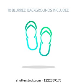 Beach slippers. Flip flops icon. Colorful logo concept with simple shadow on white. 10 different blurred backgrounds included