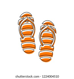 Beach slippers. Flip flops icon. Isolated icon consisting of black thin contour and orange moved filling on different layers. White background