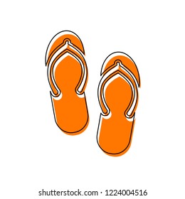 Beach slippers. Flip flops icon. Isolated icon consisting of black thin contour and orange moved filling on different layers. White background