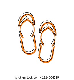 Beach slippers. Flip flops icon. Isolated icon consisting of black thin contour and orange moved filling on different layers. White background