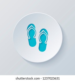 Beach slippers. Flip flops icon. Cut circle with gray and blue layers. Paper style