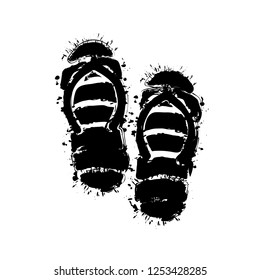Beach slippers. Flip flops icon. Black ink with splashes on white background