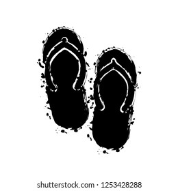 Beach slippers. Flip flops icon. Black ink with splashes on white background