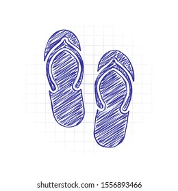 Beach slippers. Flip flops icon. Hand drawn sketched picture with scribble fill. Blue ink. Doodle on white background