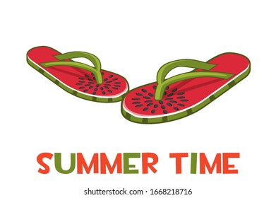 Beach slippers or flip flops with a print of watermelon. Isolated flip flops and the inscription summer time.