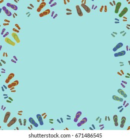 Beach slippers frame on blue. Flat vector illustration. Summer pattern for traveling design