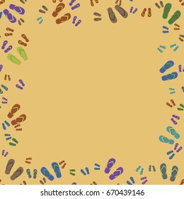 Beach slippers frame on orange. Flat vector illustration. Summer pattern for traveling design