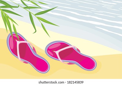 Beach slippers lying on the sand. Vector
