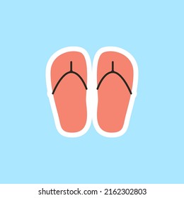 Beach slippers on a blue background. Summer sticker illustration in cartoon style