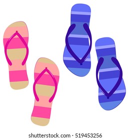 Beach slippers. Pair of striped flip flops for travel. Vector fashion footwear