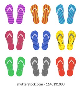 Beach Slippers set isolated on white background. Modern flip flops in flat style. Summer or holiday time concept. Vector illustration. EPS 10.