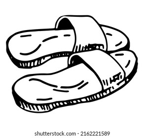 Beach slippers sketch clipart. Summer shoes, accessory doodle isolated on white. Hand drawn vector illustration in engraving style.