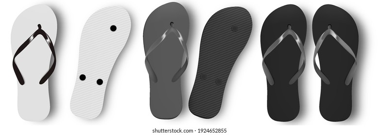 Beach slippers vector design template of summer beach Flip Flops. Realistic 3d blank mockup. Monochrome Flip Flops.