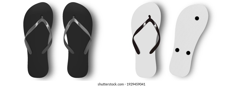 Beach slippers vector design template of summer beach Flip Flops. Realistic 3d blank mockup. Monochrome Flip Flops.