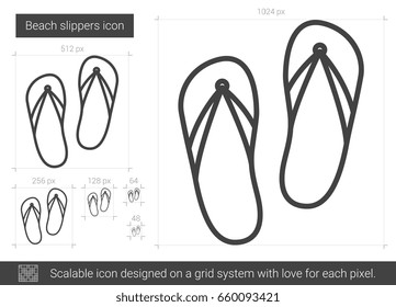 Beach slippers vector line icon isolated on white background. Beach slippers line icon for infographic, website or app. Scalable icon designed on a grid system.