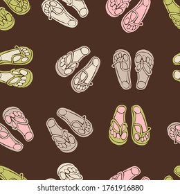 Beach slippers vector seamless pattern. Delicate pastel colors on the chocolate background.