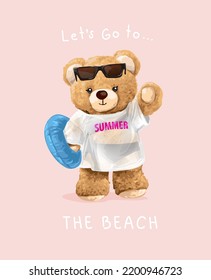 beach slogan with cute bear doll in seethrough t shirt and swimming ring vector illustration