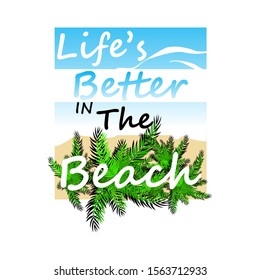 beach slogan on beach and palm trees background for t shirt design