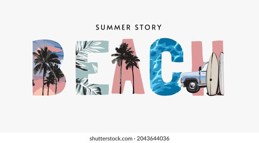 Beach Slogan On Summer Sunset And Palm Trees Background Vector Illustration 