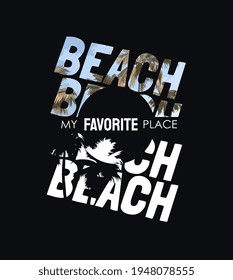 beach slogan with palm beach silhouette and sky on black background