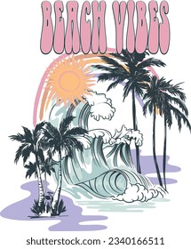 Beach slogan, palm trees, ocean, summer themed vector graphics