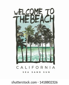 beach slogan with palms tree and beach illustration