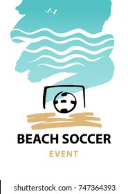 Beach soccer event. Ball in goal. Template vector illustration, logo.