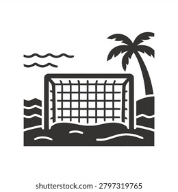 Beach soccer goal with palm tree vector icon. Black and white flat illustration of a beach football net on sand.