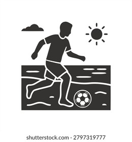 Beach Soccer Vector Icon of Man Playing Football on Shore