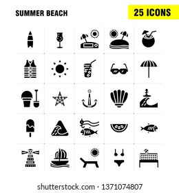 Beach Solid Glyph Icon Pack For Designers And Developers. Icons Of Fish, Sea, Star, Starfish, Coconut, Fruit, Tropical, Beach, Vector