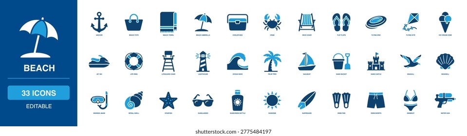 Beach solid icon set featuring anchor, tote bag, towel, umbrella, cooler box, crab, deck chair, flip flops, flying disc, kite, ice cream cone, jet ski, life ring, palm tree and sand castle