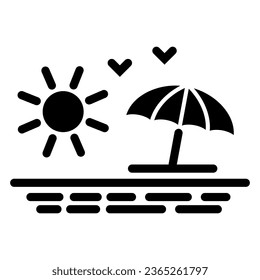 Beach solid icon, Summer concept, sunrise sign on white background, sea view with umbrella, sun and seagulls icon in glyph style for mobile concept and web design. Vector graphics