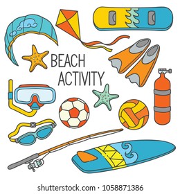 Beach sport activities cartoon illustration. Vector collection of beach sport activity in doodle color style isolated over white background.