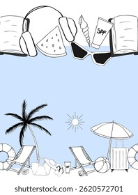 Beach staff frame seamless horizontal border template for text. Vector graphic line ink illustration. Banner, poster, wrapping paper, sticker, print, modern textile design.
