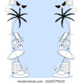 Beach staff frame seamless vertical border template for text. Vector graphic line ink illustration. Banner, poster, wrapping paper, sticker, print, modern textile design.
