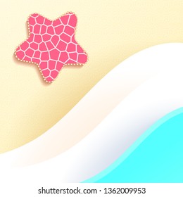 Beach with starfish sand waves sea vector illustration. Summer 